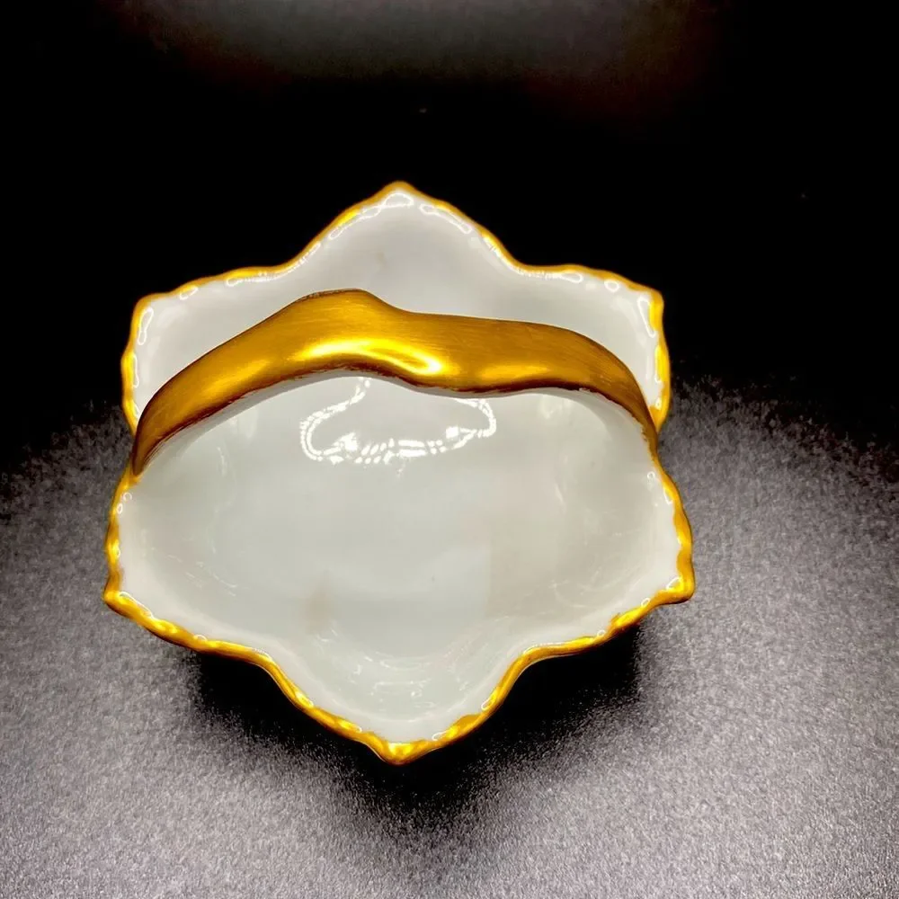Adorable Vintage 50s Mini White with Gold Trim Porcelain Basket Ring Holder Mini